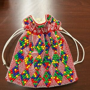 Vintage Candy Beaded Cinch Purse Reversible Drawstring Red Boho